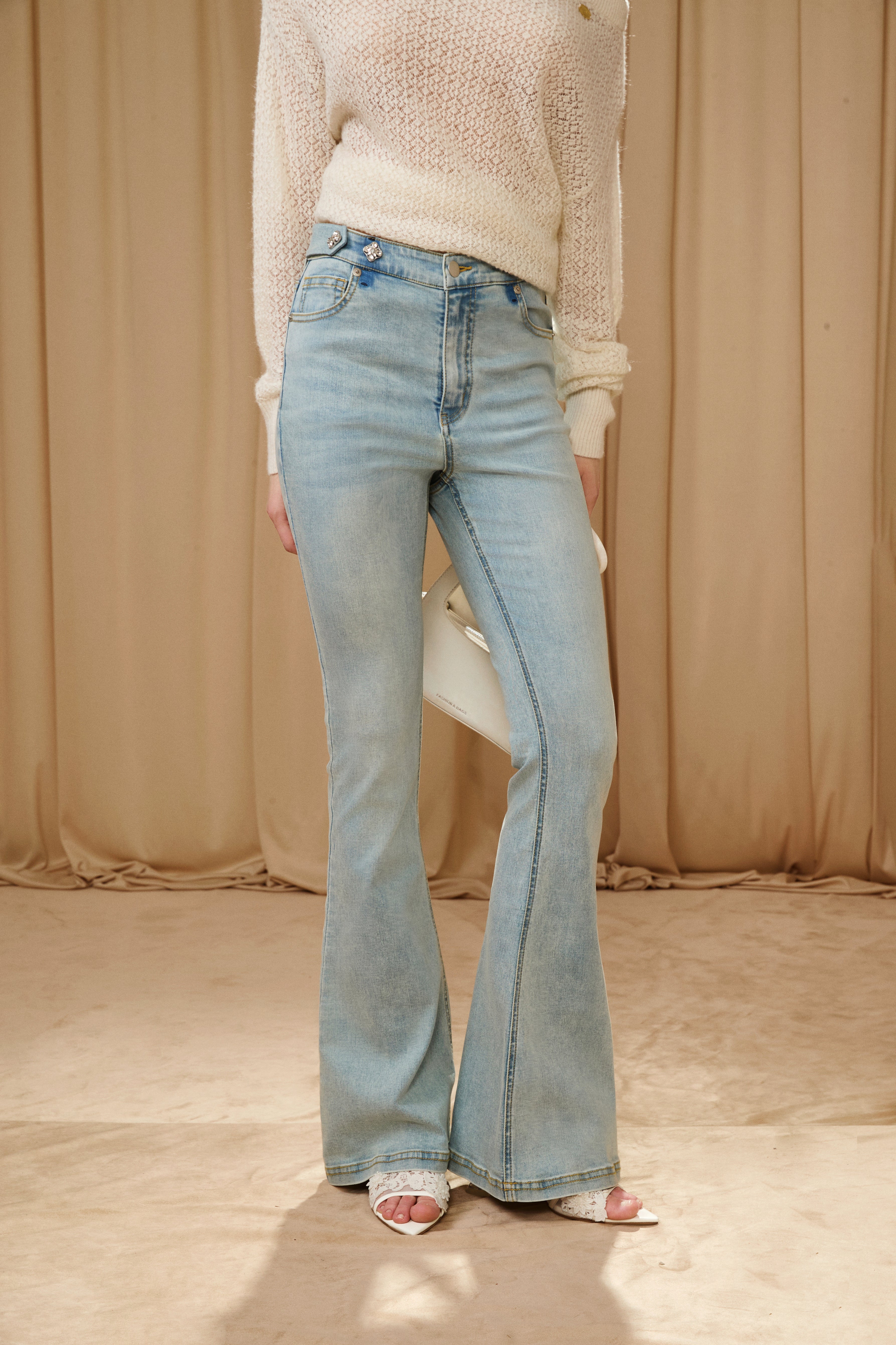 Light Blue Slim Fit Flare Jeans with Metal Buckle