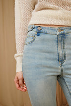 Light Blue Slim Fit Flare Jeans with Metal Buckle