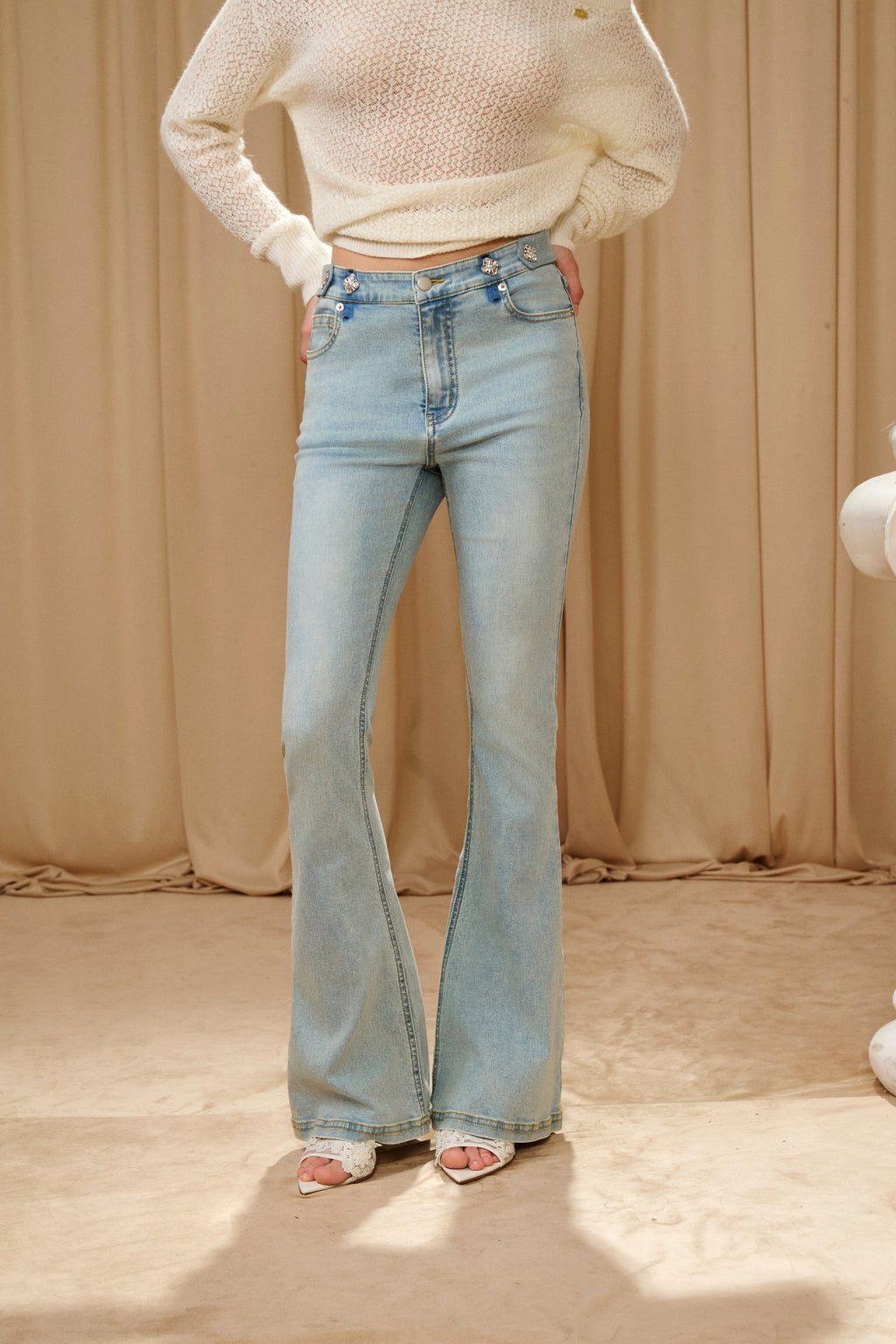 Light Blue Slim Fit Flare Jeans with Metal Buckle