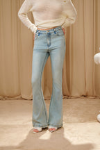 Light Blue Slim Fit Flare Jeans with Metal Buckle