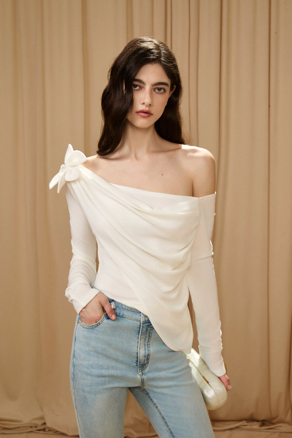 Off-White One-Shoulder Iris Floral Knit Top