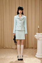 Light Blue Waisted Lapel Tweed Decor Jacket/ Skirt