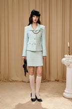 Light Blue Waisted Lapel Tweed Decor Jacket/ Skirt