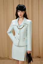 Light Blue Waisted Lapel Tweed Decor Jacket/ Skirt