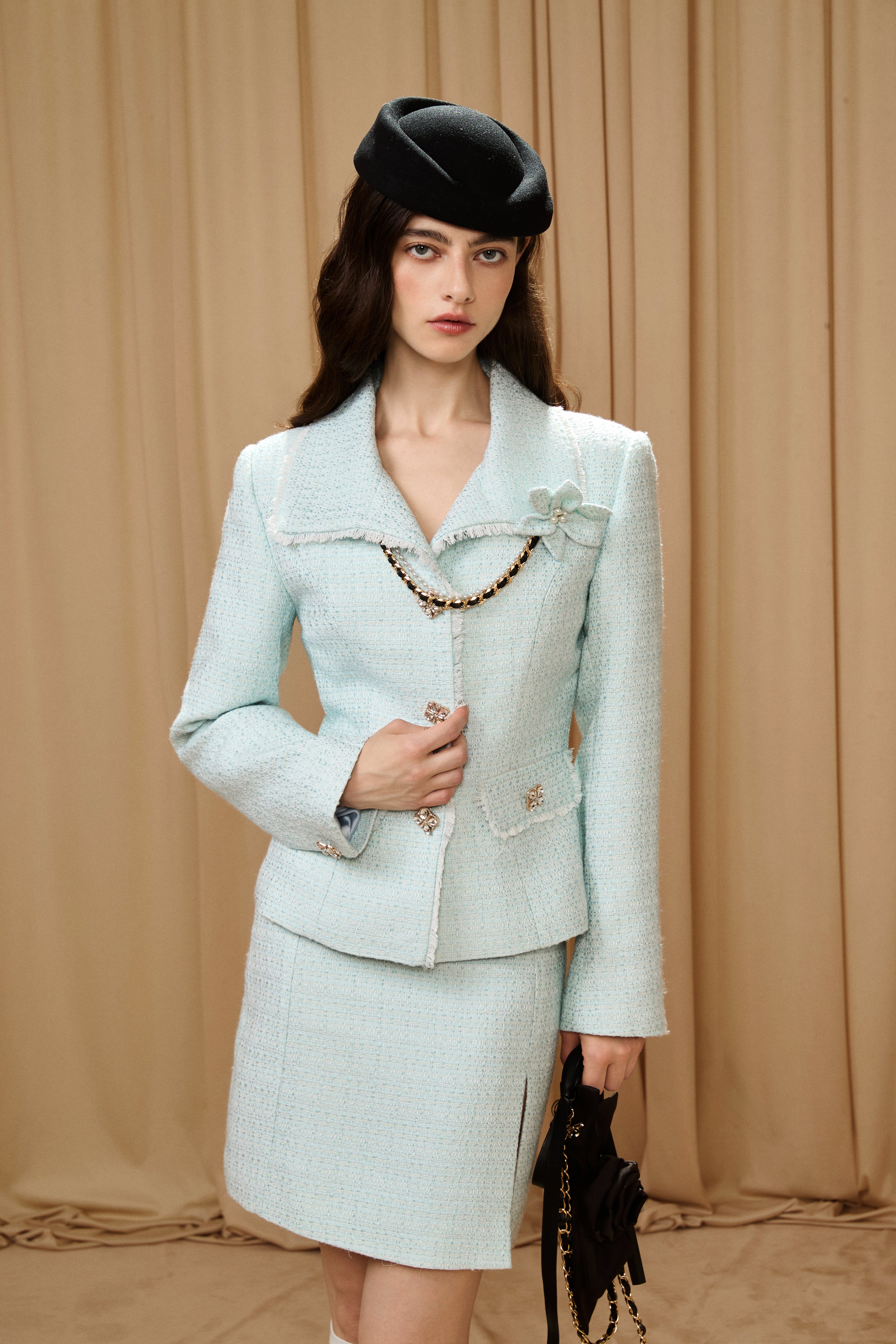 Light Blue Waisted Lapel Tweed Decor Jacket/ Skirt