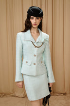 Light Blue Waisted Lapel Tweed Decor Jacket/ Skirt