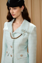 Light Blue Waisted Lapel Tweed Decor Jacket/ Skirt