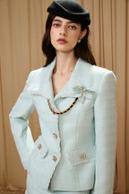 Light Blue Waisted Lapel Tweed Decor Jacket/ Skirt