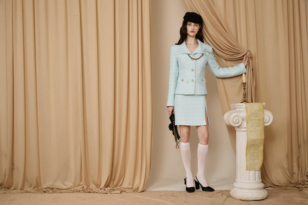 Light Blue Waisted Lapel Tweed Decor Jacket/ Skirt