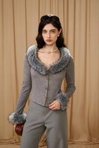 Grey Spliced Furry Collar Gold Button Cardigan