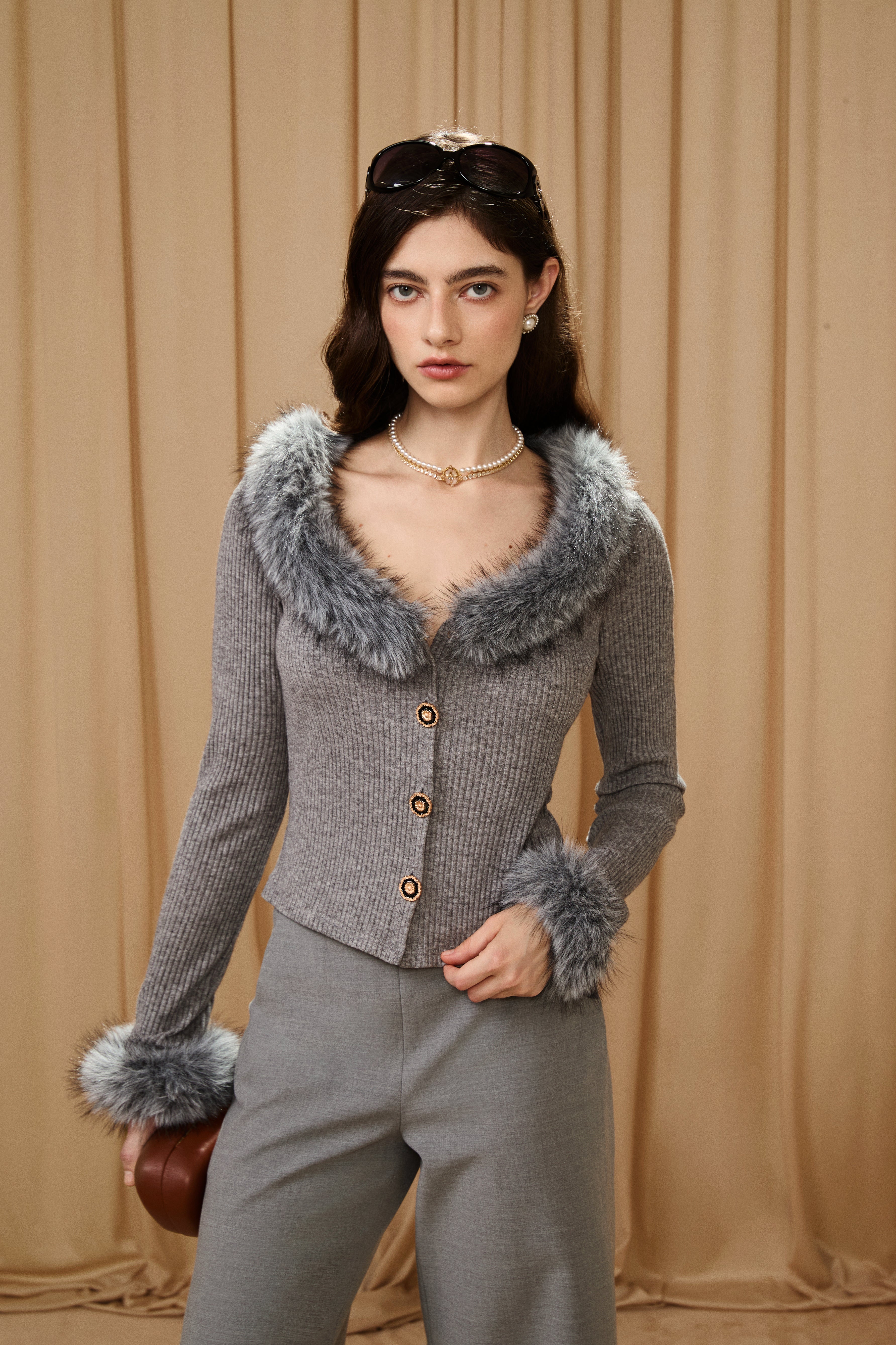 Grey Spliced Furry Collar Gold Button Cardigan
