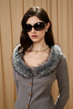 Grey Spliced Furry Collar Gold Button Cardigan