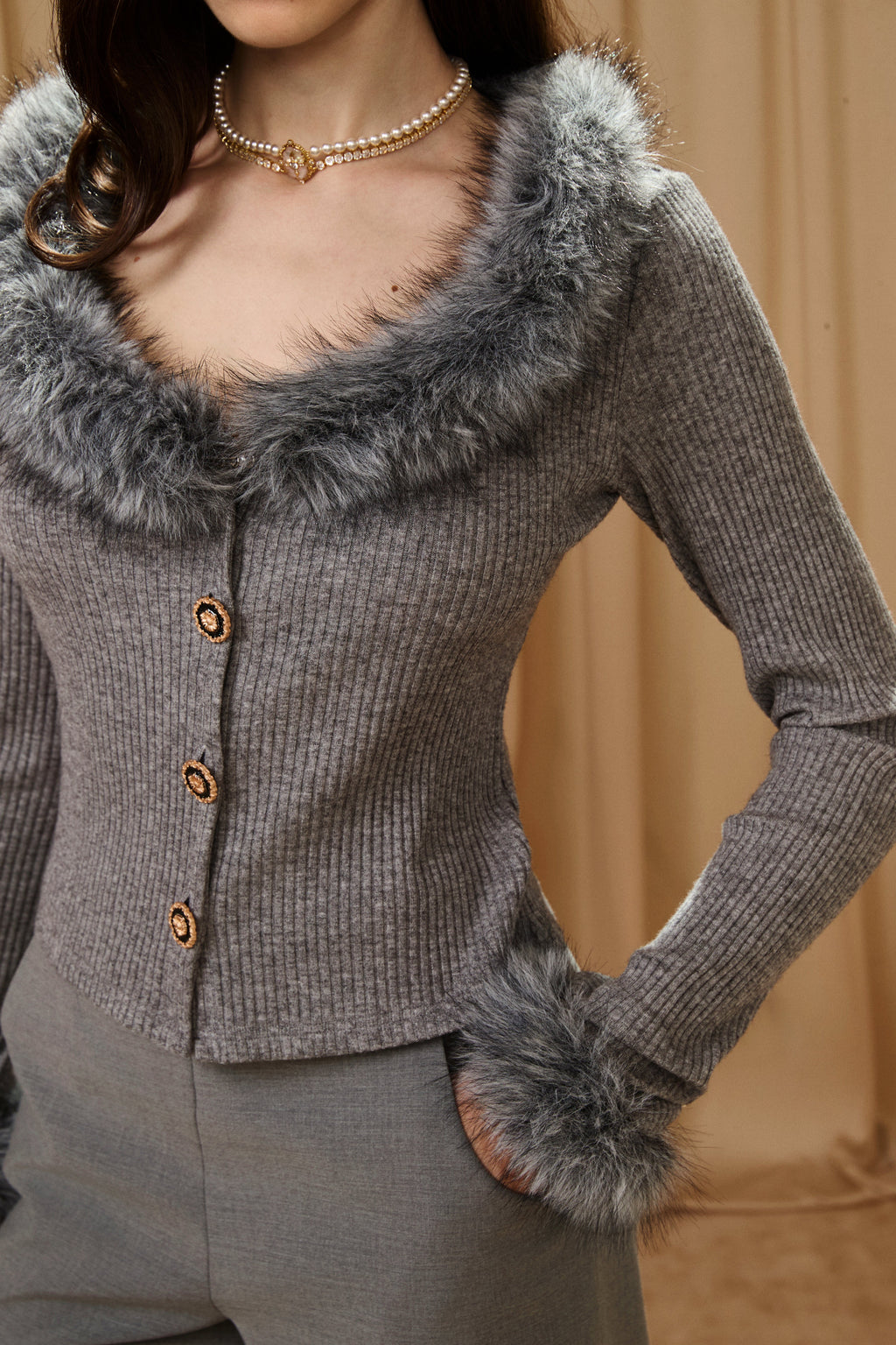 Grey Spliced Furry Collar Gold Button Cardigan