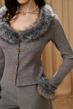Grey Spliced Furry Collar Gold Button Cardigan
