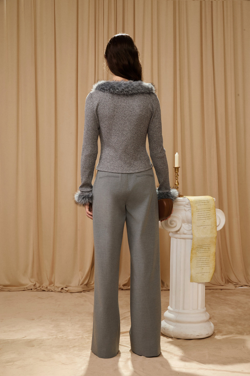 Warm Grey Bow Hollow Spliced Straight-Leg Pants