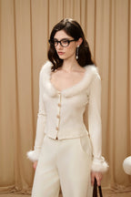 White Spliced Furry Collar Gold Button Cardigan