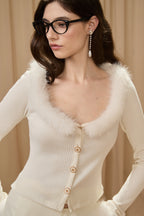 White Spliced Furry Collar Gold Button Cardigan