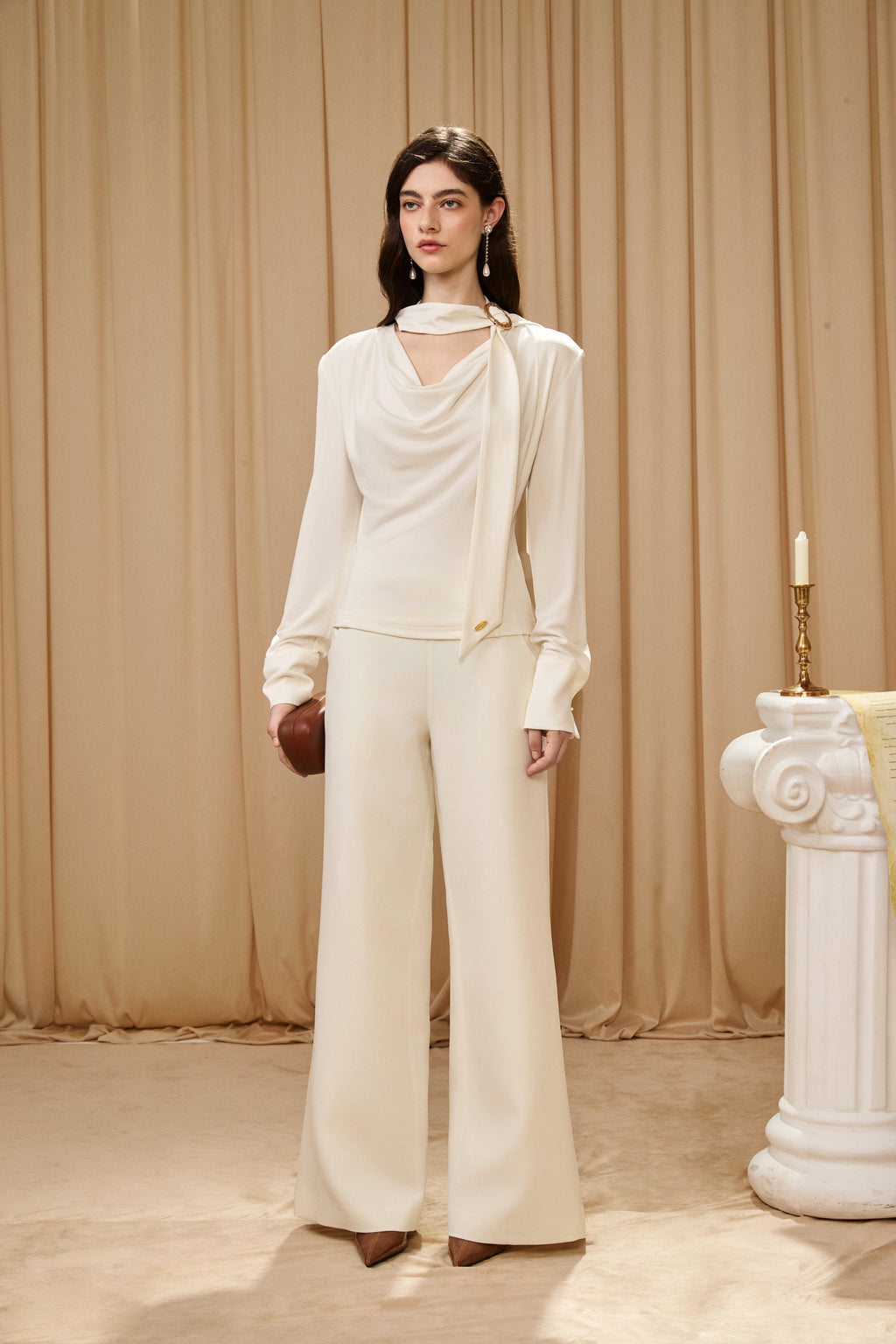 White Cowl Neck Gold Button Ribbon Blouse