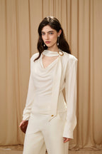 White Cowl Neck Gold Button Ribbon Blouse