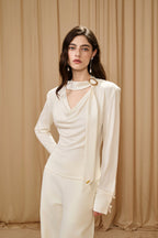 White Cowl Neck Gold Button Ribbon Blouse