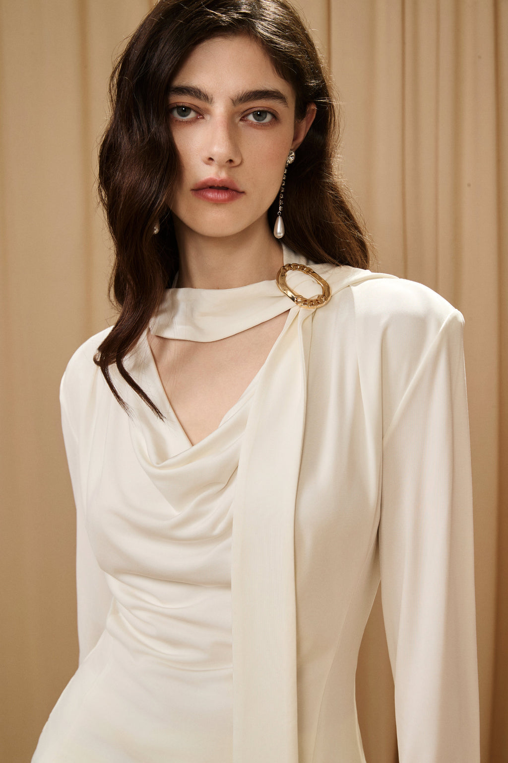 White Cowl Neck Gold Button Ribbon Blouse