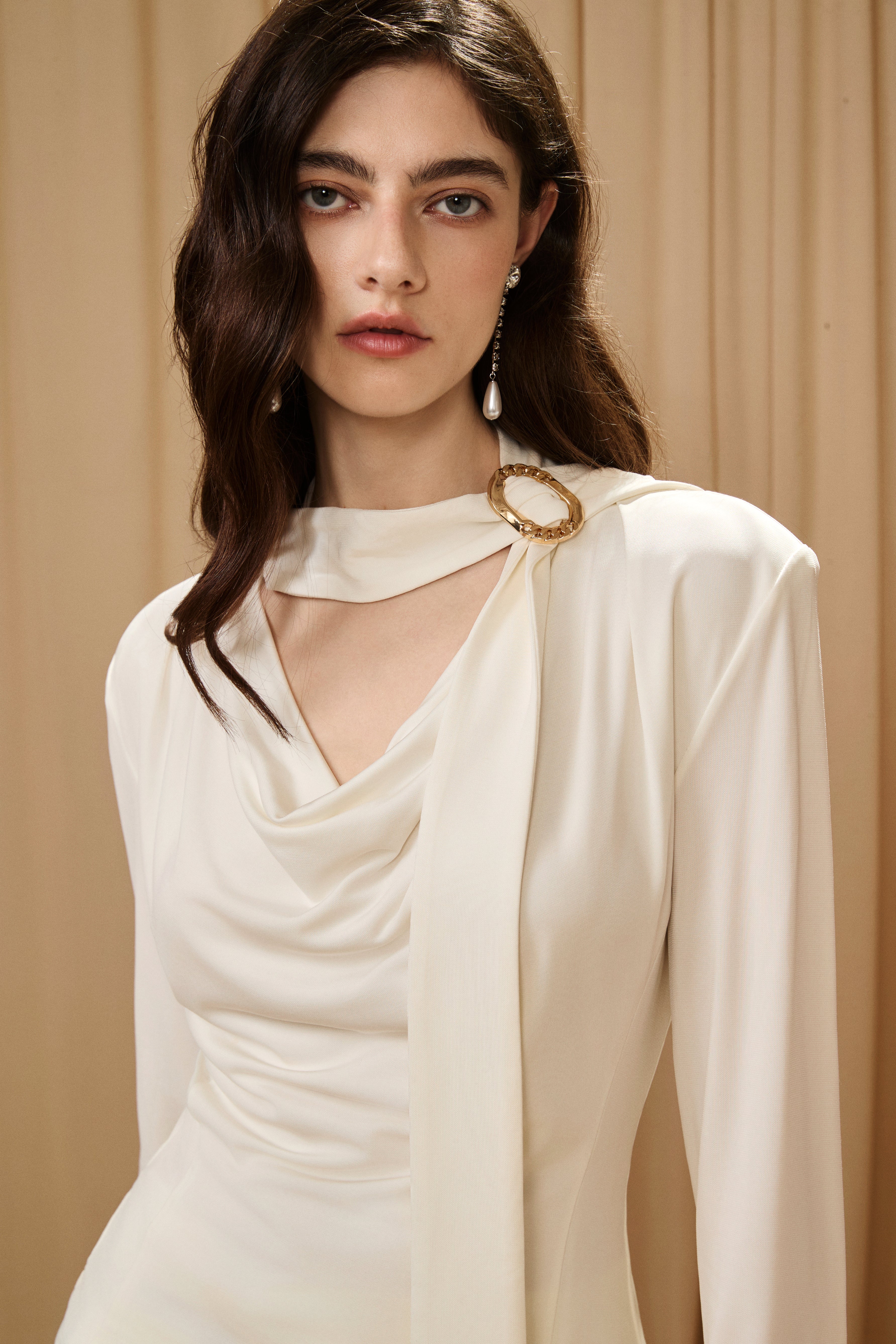 White Cowl Neck Gold Button Ribbon Blouse