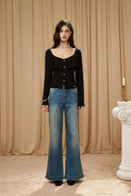 Black Silver Thread U-Neck Lace Trim Knit Cardigan