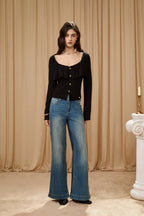 Black Silver Thread U-Neck Lace Trim Knit Cardigan