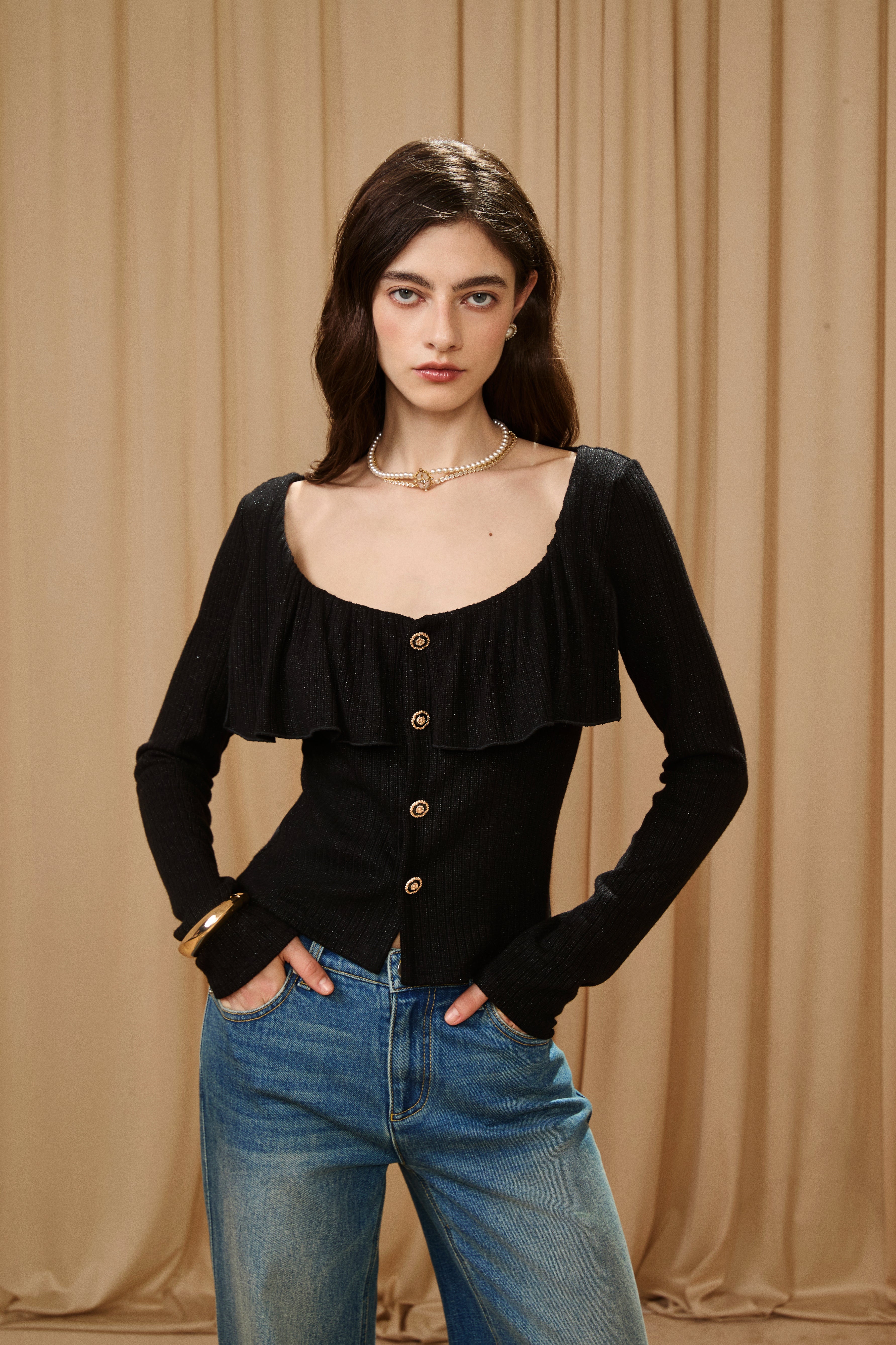 Black Silver Thread U-Neck Lace Trim Knit Cardigan