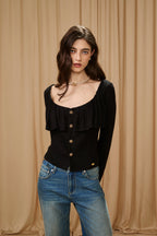 Black Silver Thread U-Neck Lace Trim Knit Cardigan