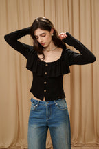 Black Silver Thread U-Neck Lace Trim Knit Cardigan