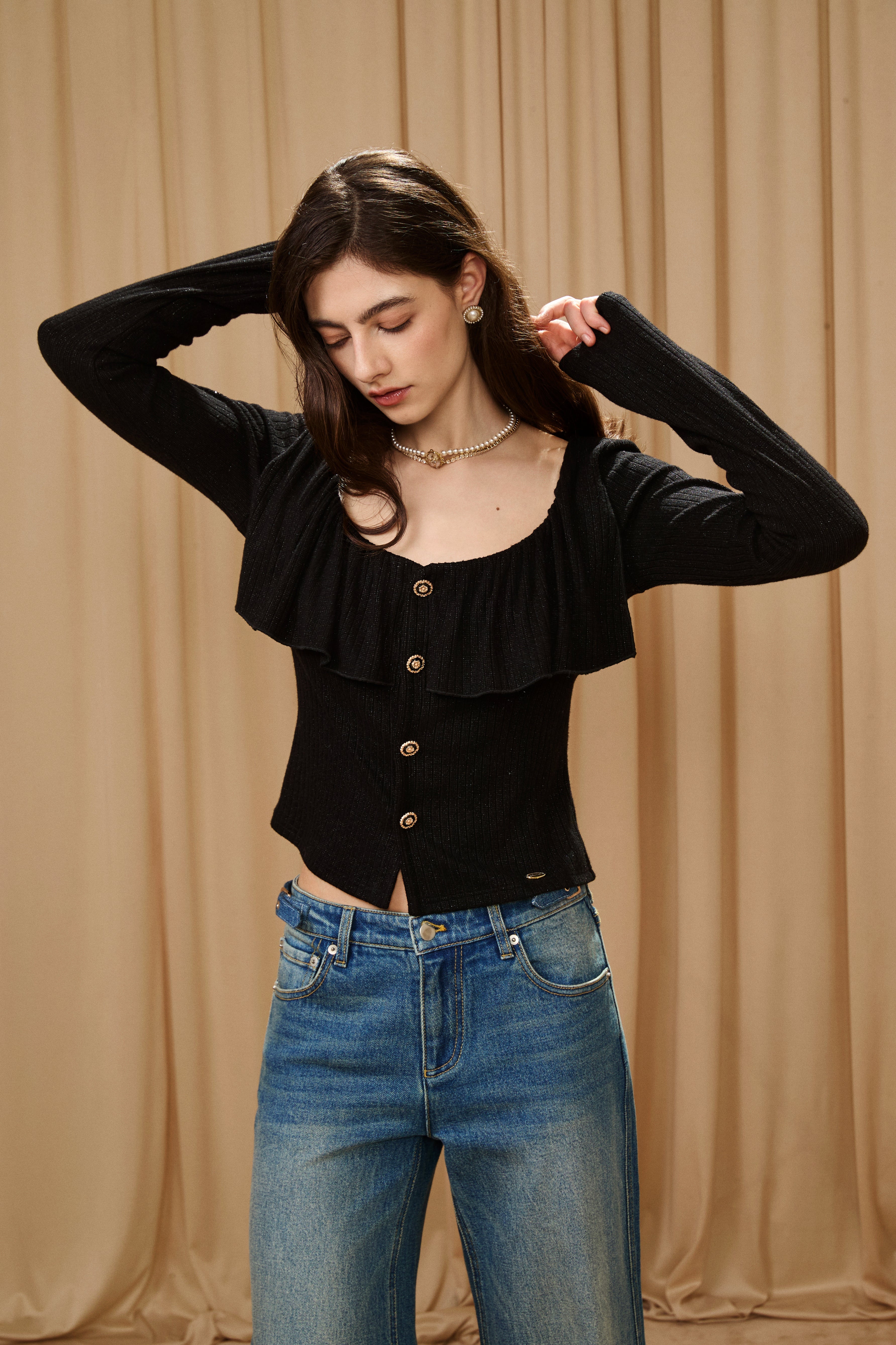 Black Silver Thread U-Neck Lace Trim Knit Cardigan