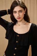 Black Silver Thread U-Neck Lace Trim Knit Cardigan