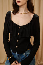 Black Silver Thread U-Neck Lace Trim Knit Cardigan