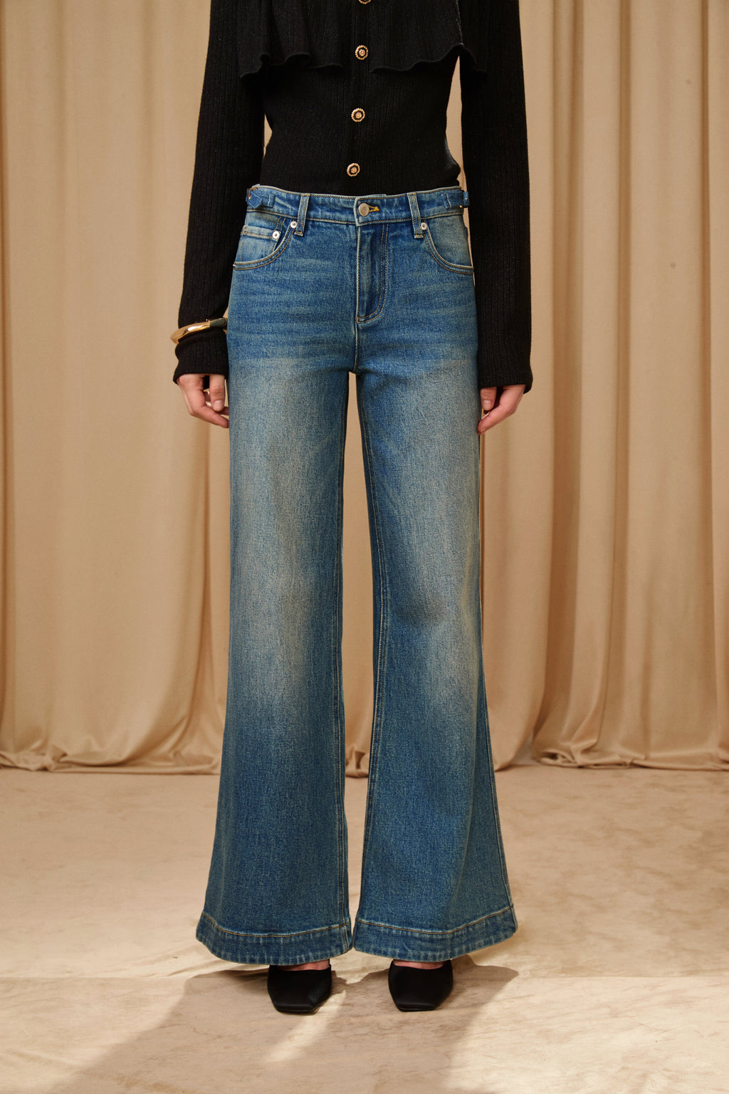 Dark Blue Gold Button Straight Flare Jeans