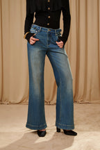 Dark Blue Gold Button Straight Flare Jeans
