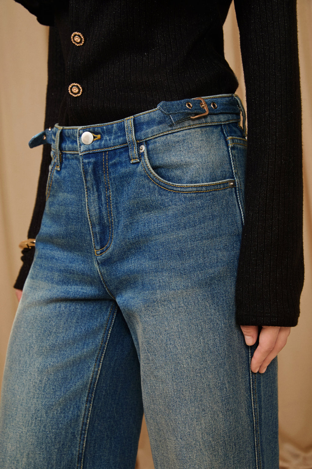 Dark Blue Gold Button Straight Flare Jeans