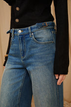 Dark Blue Gold Button Straight Flare Jeans