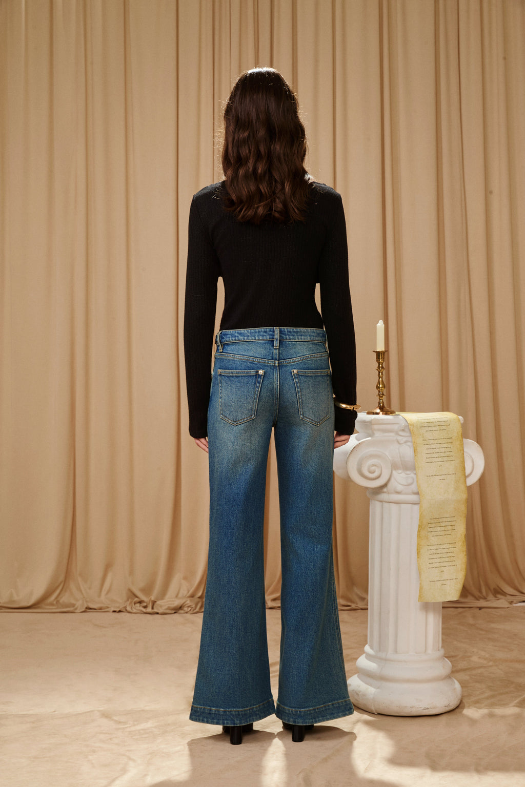 Dark Blue Gold Button Straight Flare Jeans