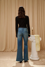 Dark Blue Gold Button Straight Flare Jeans