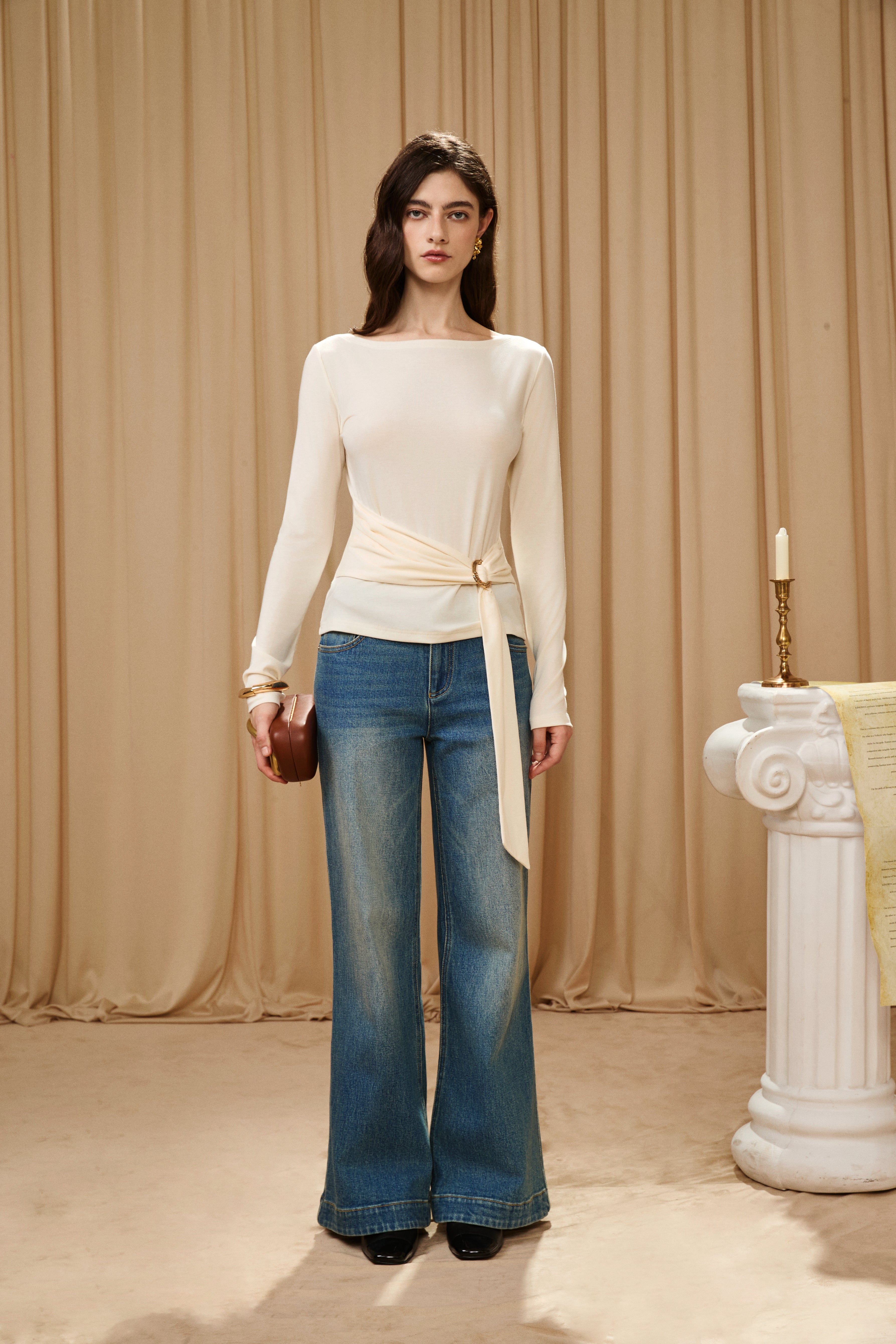 White Off-the-Shoulder Long Sleeve Waisted Gold Tie Top