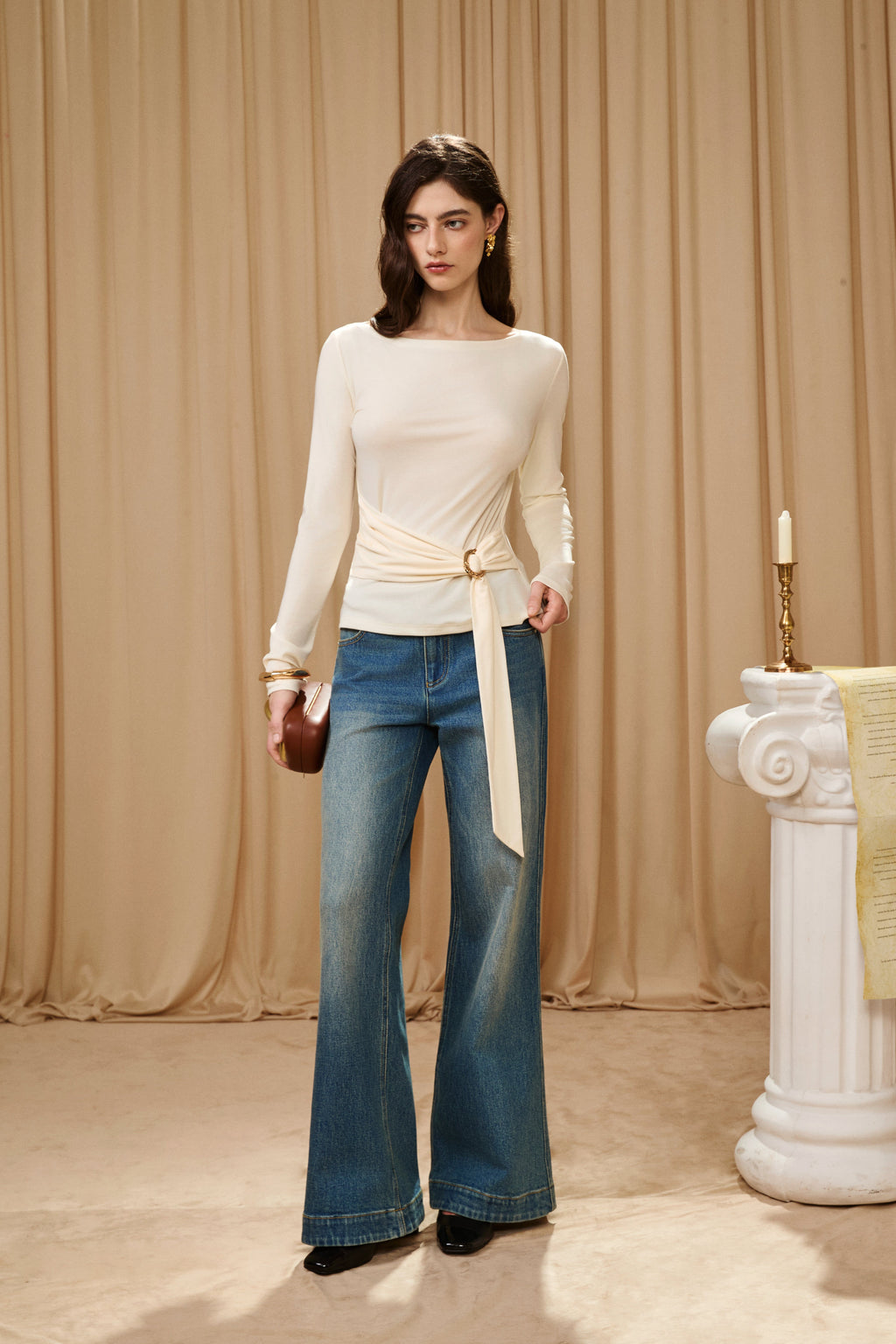 White Off-the-Shoulder Long Sleeve Waisted Gold Tie Top