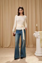 White Off-the-Shoulder Long Sleeve Waisted Gold Tie Top