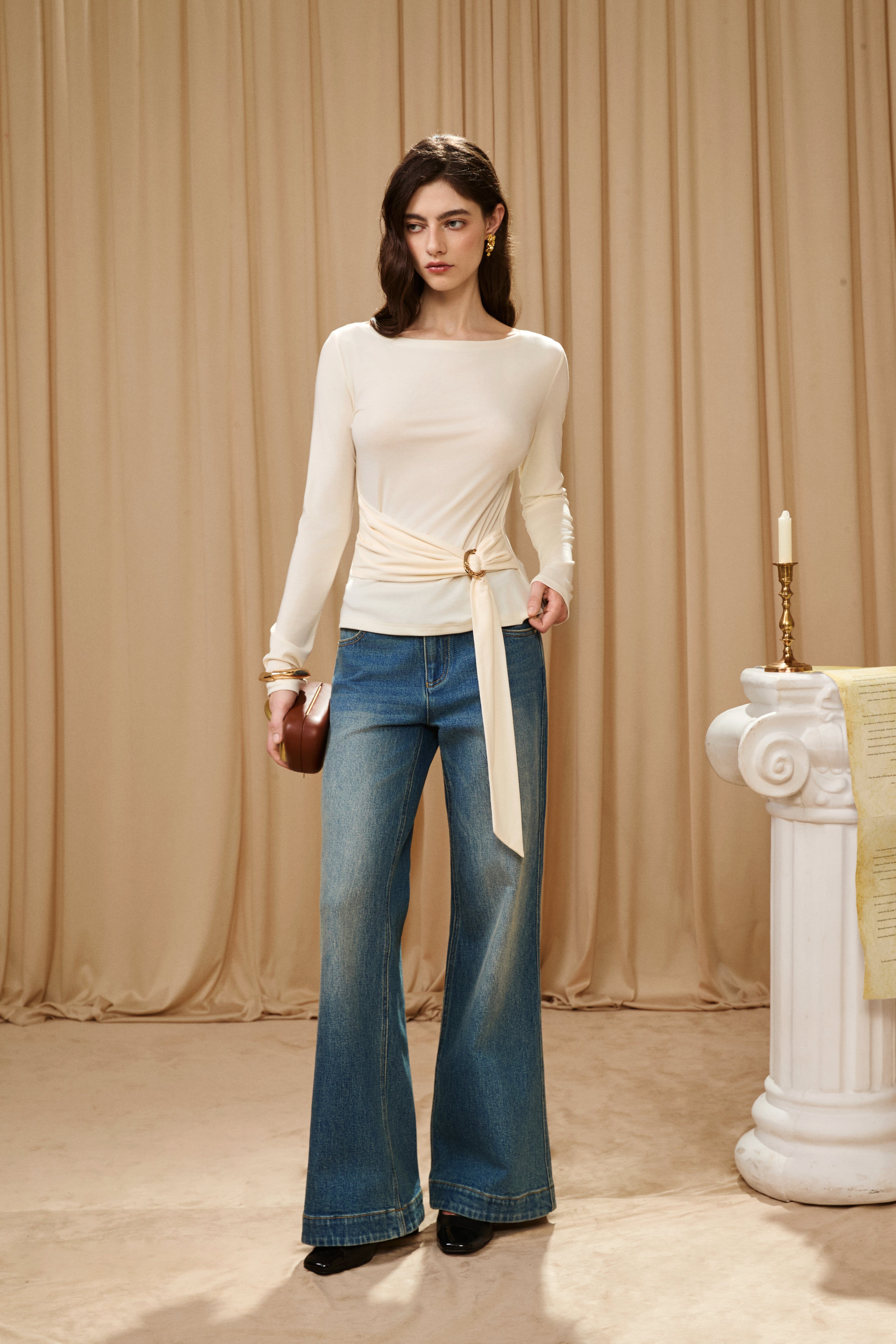 White Off-the-Shoulder Long Sleeve Waisted Gold Tie Top