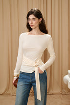 White Off-the-Shoulder Long Sleeve Waisted Gold Tie Top