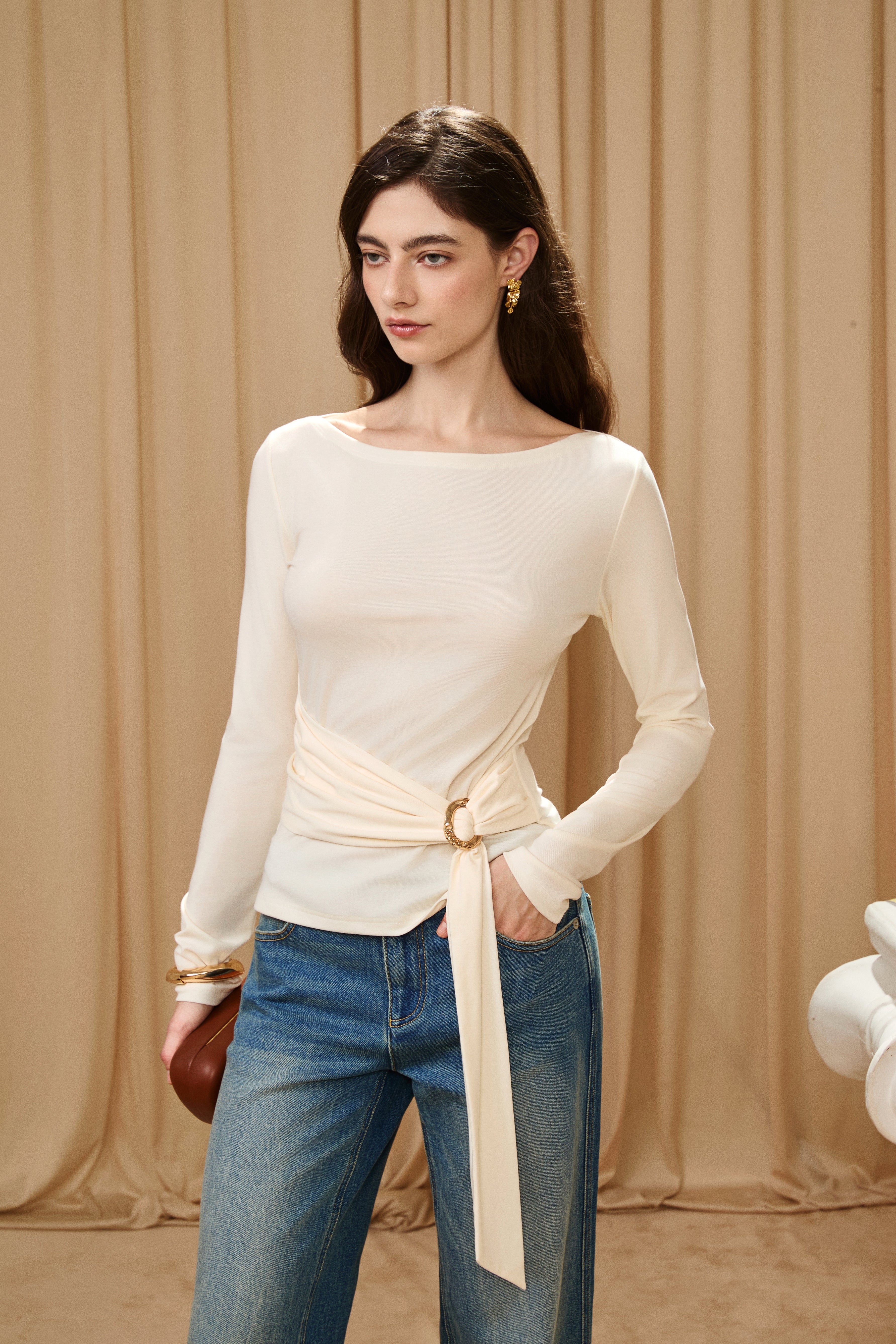 White Off-the-Shoulder Long Sleeve Waisted Gold Tie Top