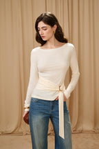 White Off-the-Shoulder Long Sleeve Waisted Gold Tie Top