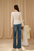 White Off-the-Shoulder Long Sleeve Waisted Gold Tie Top