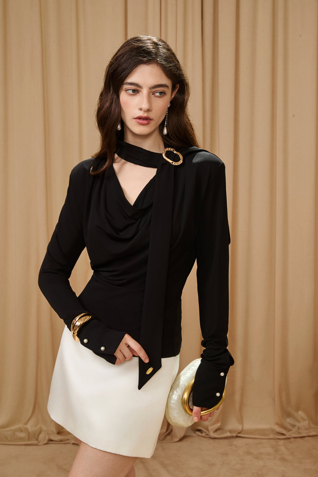 Black Cowl Neck Gold Button Ribbon Blouse