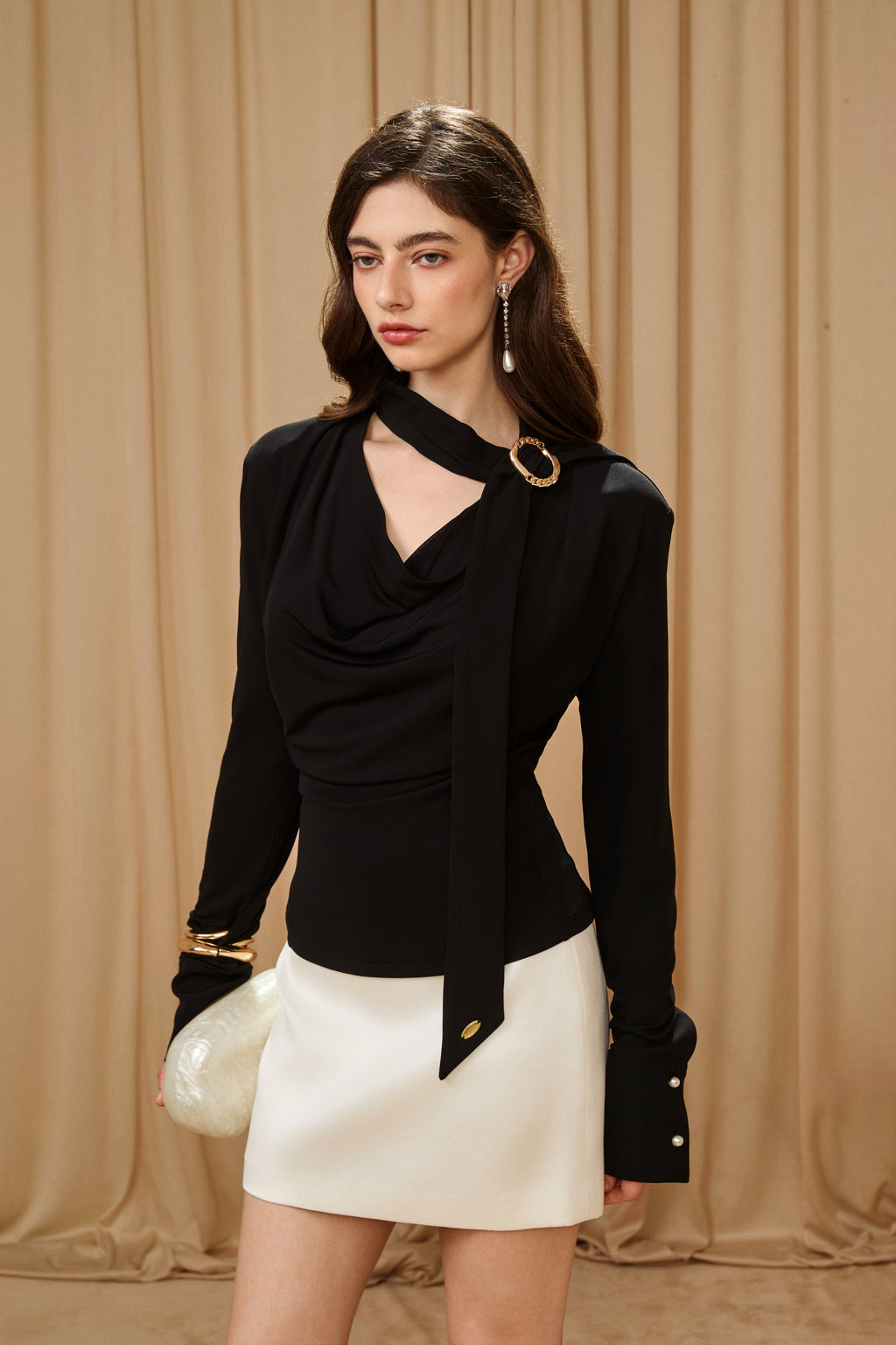 Black Cowl Neck Gold Button Ribbon Blouse